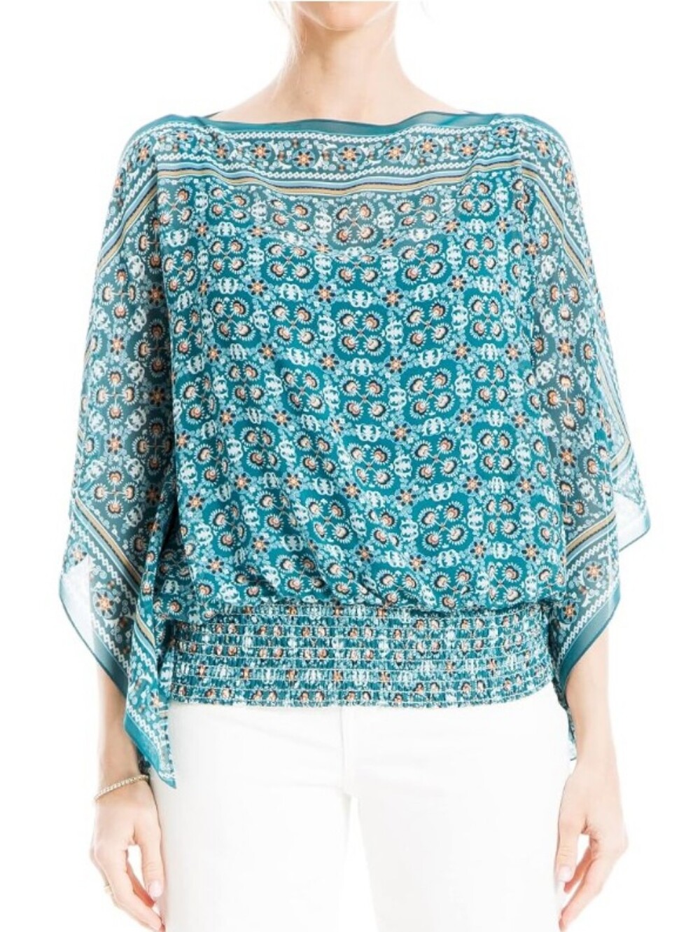 Max Studio Teal Patterned Smocked-Hem Blouse Bohemian